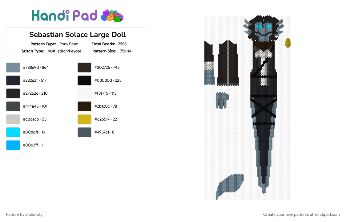 Sebastian Solace Large Doll - Pony Bead Pattern by statictelly on Kandi Pad - black, gray, pressure, roblox, roblox pressure, sebastian solace, sebastian solace pressure