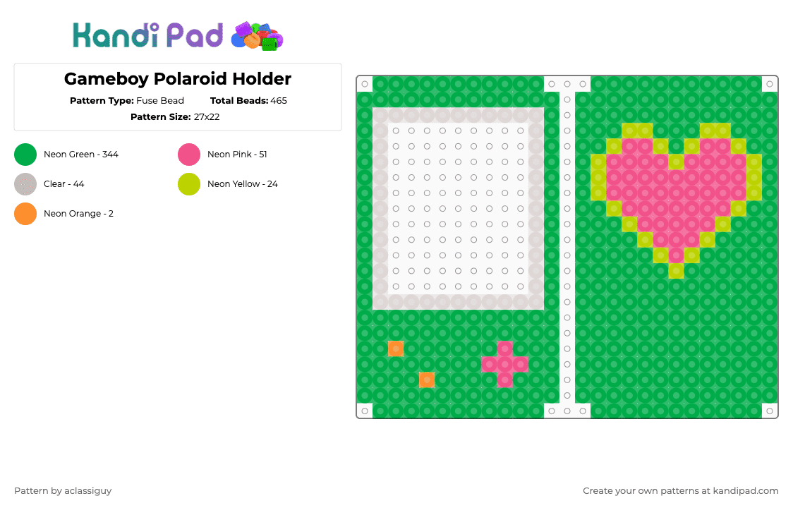 Gameboy Polaroid Holder - Fuse Bead Pattern by aclassiguy on Kandi Pad - green,gaming