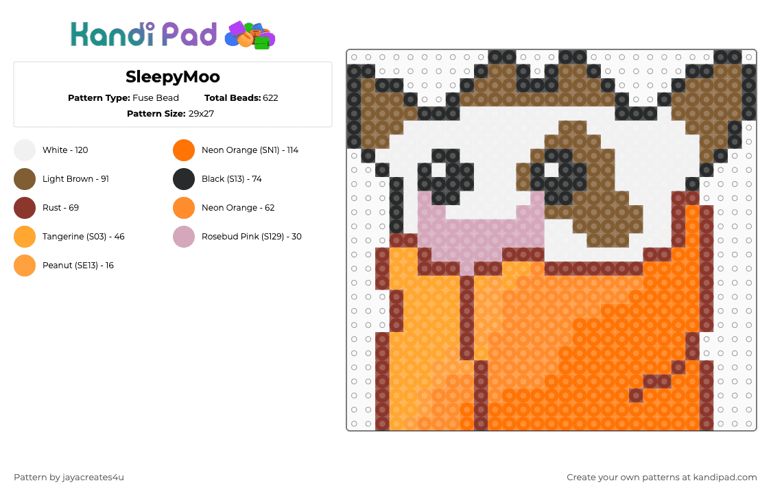 SleepyMoo - Fuse Bead Pattern by jayacreates4u on Kandi Pad - cow,blanket,cozy,cute,animal,moo,sleepy,farm,orange