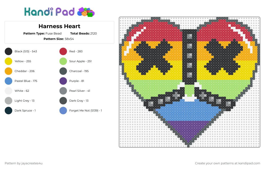 Harness Heart - Fuse Bead Pattern by jayacreates4u on Kandi Pad - bdsm,harness,heart,red,orange,green,light blue,colorful