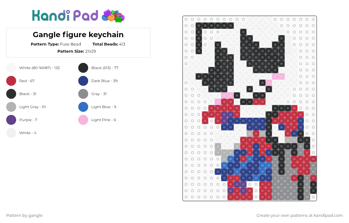 Gangle figure keychain - Fuse Bead Pattern by gangle on Kandi Pad - white,red,blue,gray,gangle,tadc,the amazing digital circus