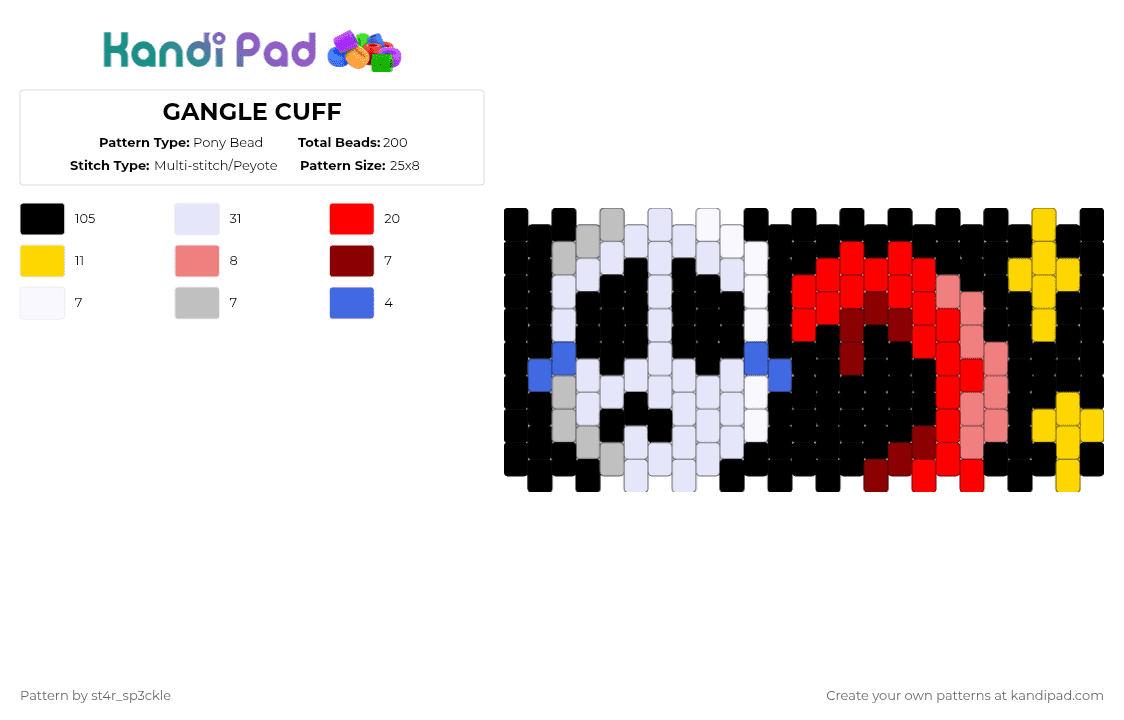 GANGLE CUFF - Pony Bead Pattern by st4r_sp3ckle on Kandi Pad - black,red