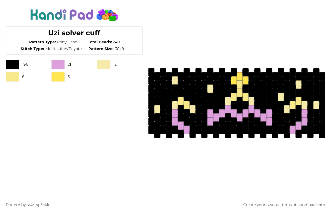 Uzi solver cuff - Pony Bead Pattern by st4r_sp3ckle on Kandi Pad - black,yellow,pink