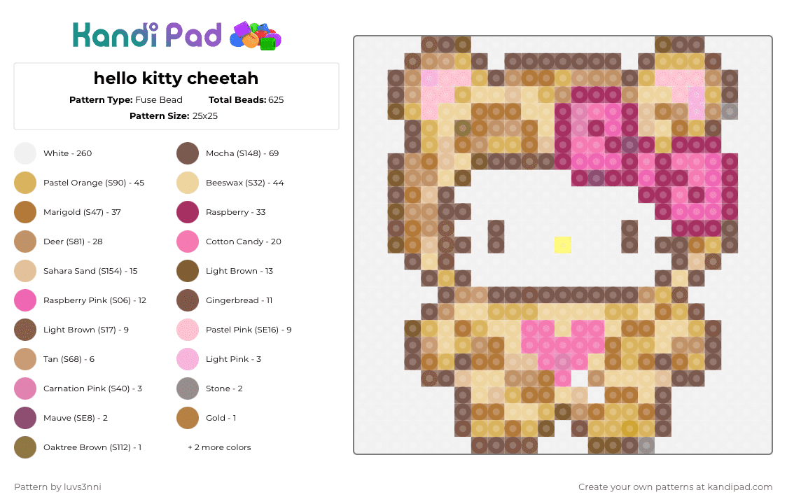 hello kitty cheetah - Fuse Bead Pattern by luvs3nni on Kandi Pad - white,tan,beige,pink