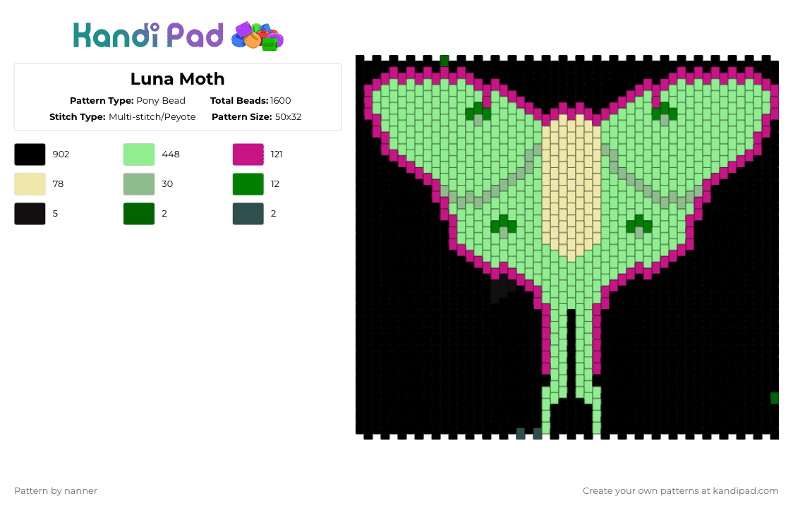 Luna Moth - Pony Bead Pattern by nanner on Kandi Pad - black,teal