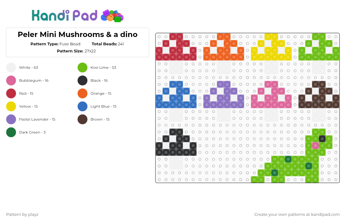 Peler Mini Mushrooms & a dino - Fuse Bead Pattern by playz on Kandi Pad - green,blue,multicolor,mushroom,keychain,charm,tiny,dino,easy,simple