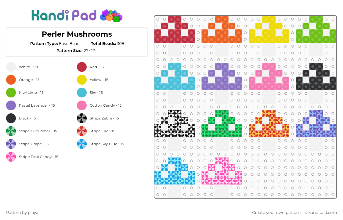 Perler Mushrooms - Fuse Bead Pattern by playz on Kandi Pad - red,green,light blue,pink,multicolor,charm,keychain,tiny,mushroom