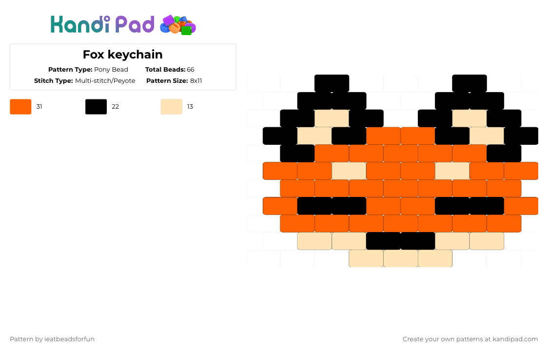 Fox keychain Pony Bead Pattern - Kandi Pad | Kandi Patterns, Fuse Bead ...