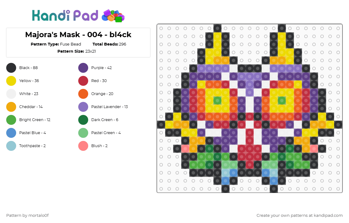 Majora\'s Mask - 004 - bl4ck - Fuse Bead Pattern by mortalo0f on Kandi Pad - red,orange,yellow,purple,zelda,majoras,mask,majoras mask,green,game,chaveiro
