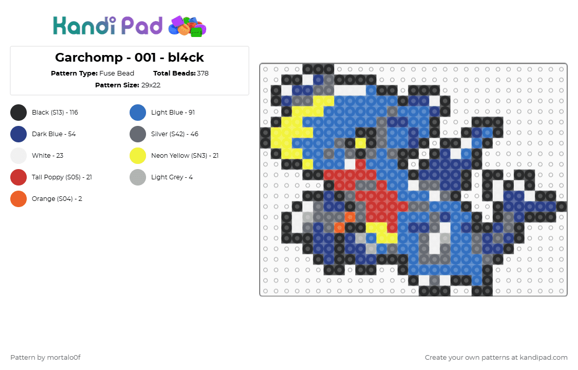 Garchomp - 001 - bl4ck - Fuse Bead Pattern by mortalo0f on Kandi Pad - blue,gray,pokemon,garchomp,anime