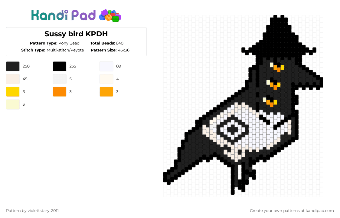 Sussy bird KPDH - Pony Bead Pattern by violettstaryt2011 on Kandi Pad - bird,kpop demon hunters,cartoon,animal,black,white,yellow,orange