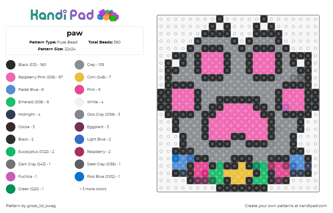 paw - Fuse Bead Pattern by gross_lol_swag on Kandi Pad - paw,animal,cat,dog,plur,bracelet,pink,gray