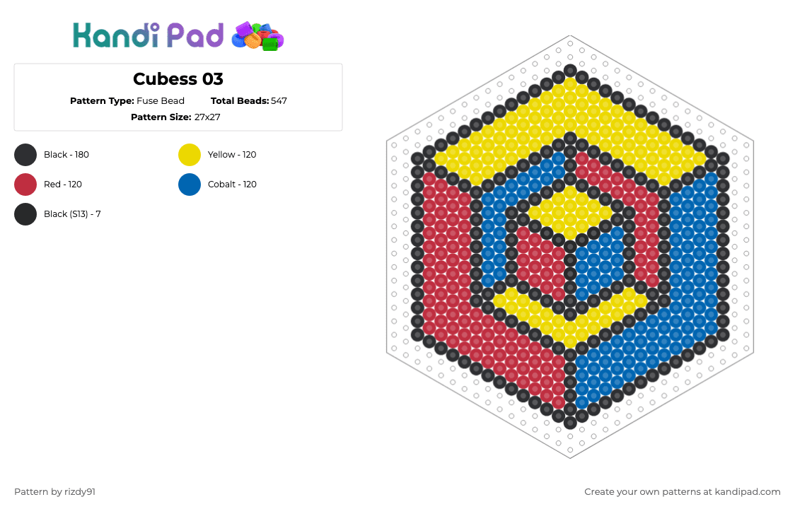 Cubess 03 - Fuse Bead Pattern by rizdy91 on Kandi Pad - cube,trippy,geometric,optical illusion,cubes,yellow,red,blue