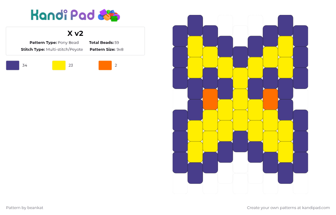 X v2 - Pony Bead Pattern by beankat on Kandi Pad - purple, yellow