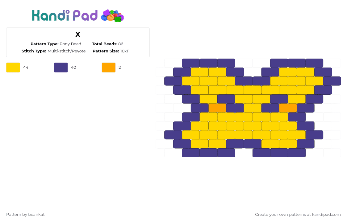 X - Pony Bead Pattern by beankat on Kandi Pad - purple, yellow