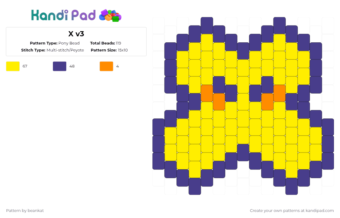 X v3 - Pony Bead Pattern by beankat on Kandi Pad - yellow,purple