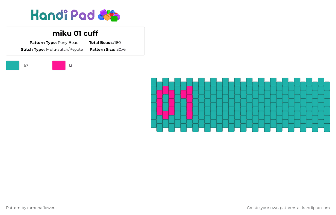 miku 01 cuff - Pony Bead Pattern by ramonaflowers on Kandi Pad - teal,hatsunemiku,miku,pjsk,projectsekai,vocaloid,01