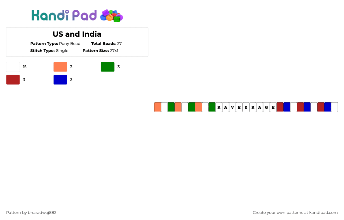 US and India - Pony Bead Pattern by bharadwaj882 on Kandi Pad - white,green,purple,colorful,flag,usa,india,rave,rage