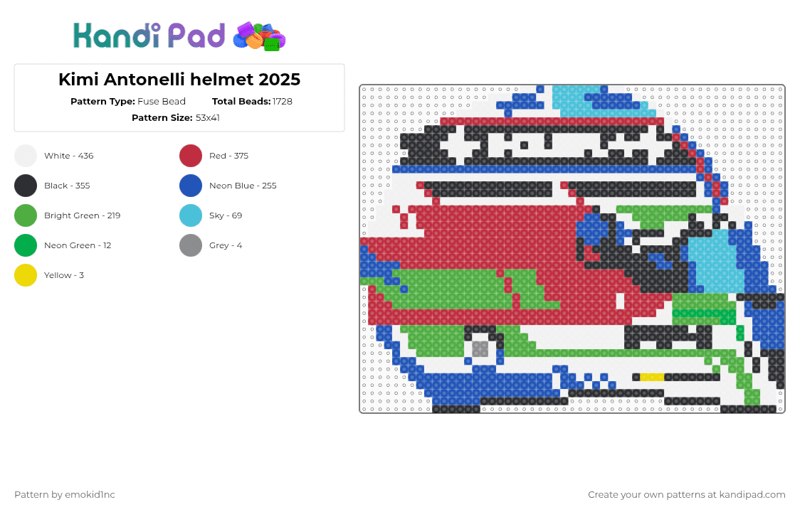 Kimi Antonelli helmet 2025 - Fuse Bead Pattern by emokid1nc on Kandi Pad - green,blue,red,f1,formula 1,kimi antonelli,driver