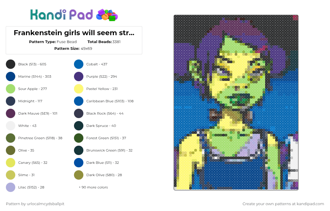Frankenstein girls will seem strangely sexy - Fuse Bead Pattern by urlocalmcydsballpit on Kandi Pad - purple,green,yellow,colorful,msi