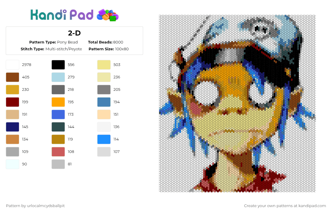 2-D - Pony Bead Pattern by urlocalmcydsballpit on Kandi Pad - white,light blue,gray,orange,colorful,gorillaz,2d,2d gorillaz,gorillaz 2d