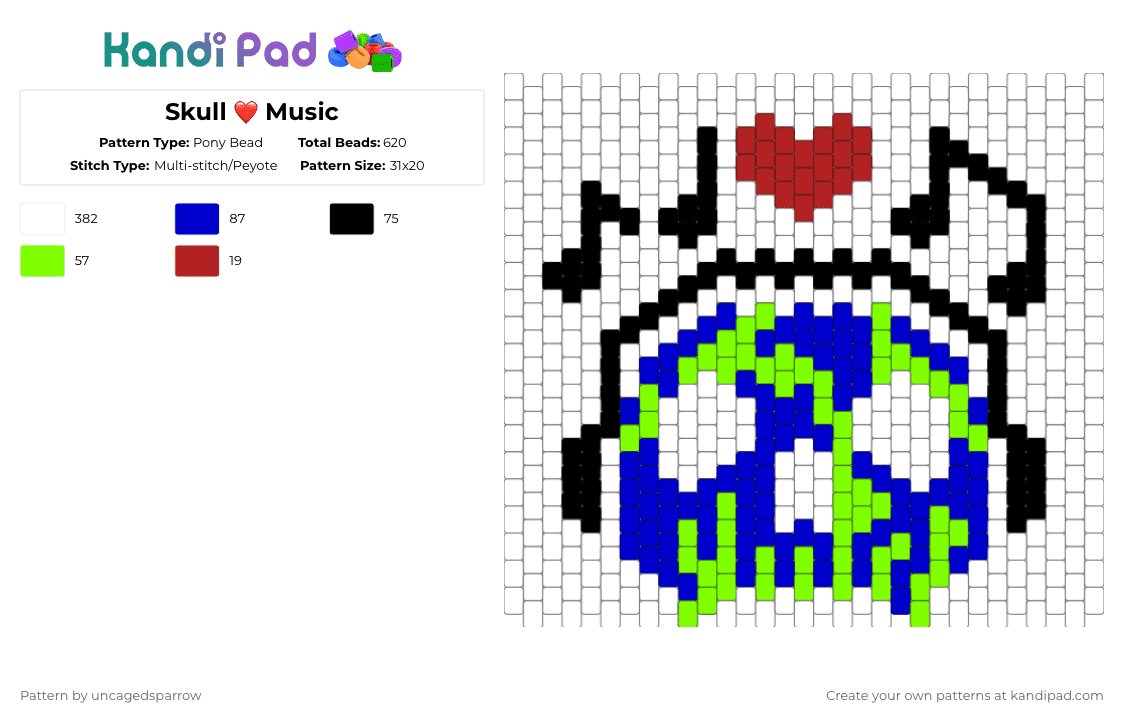 Skull ❤️ Music - Pony Bead Pattern by uncagedsparrow on Kandi Pad - white,purple,green