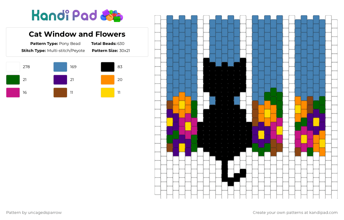 Cat Window and Flowers - Pony Bead Pattern by uncagedsparrow on Kandi Pad - blue, white