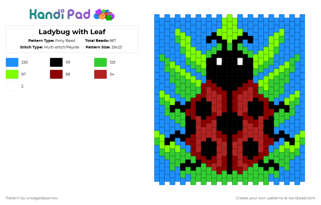 Ladybug with Leaf - Pony Bead Pattern by uncagedsparrow on Kandi Pad - green,light blue