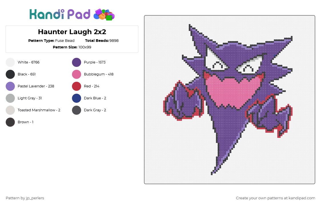 Haunter Laugh 2x2 - Fuse Bead Pattern by jp_perlers on Kandi Pad - haunter,pokemon,anime,video game,ghost,gaming,white,purple,pink