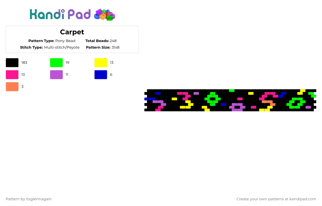 Carpet - Pony Bead Pattern by itsglennagain on Kandi Pad - carpet,retro,neon,bowling,arcade,gaming,video game,black,green,yellow,pink