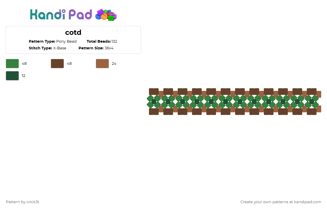 cotd - Pony Bead Pattern by crick3t on Kandi Pad - roots,earthy,xbase,cuff,green,brown,cotdroots