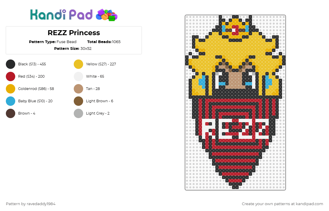 REZZ Princess - Fuse Bead Pattern by ravedaddy1984 on Kandi Pad - rezz,princess peach,nintendo,dj,music,edm,bandana,princess,artist,gaming,video game,black,yellow,red