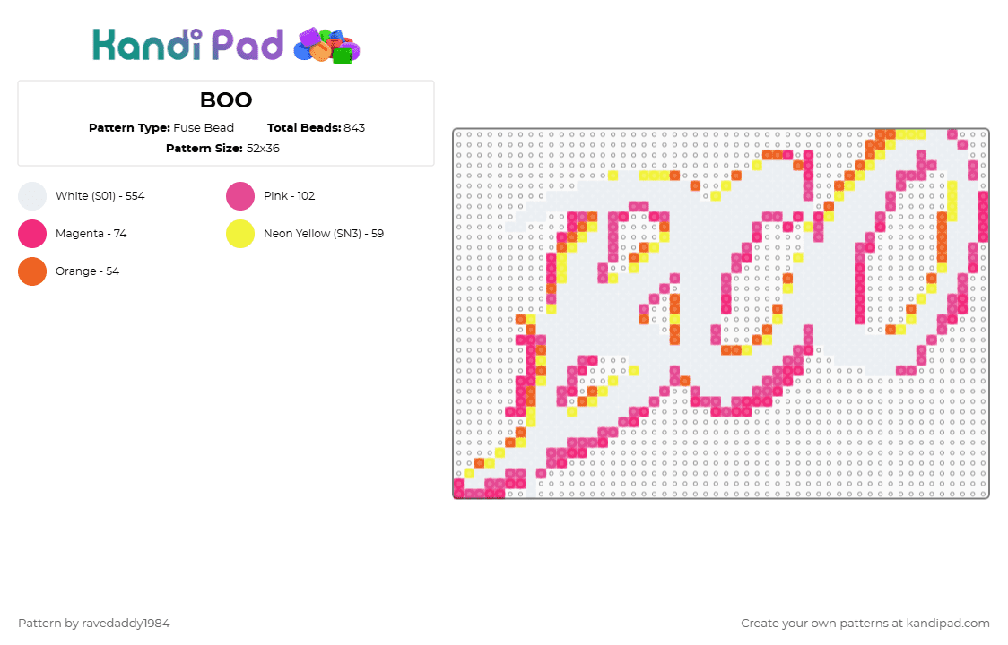 BOO - Fuse Bead Pattern by ravedaddy1984 on Kandi Pad - white,pink