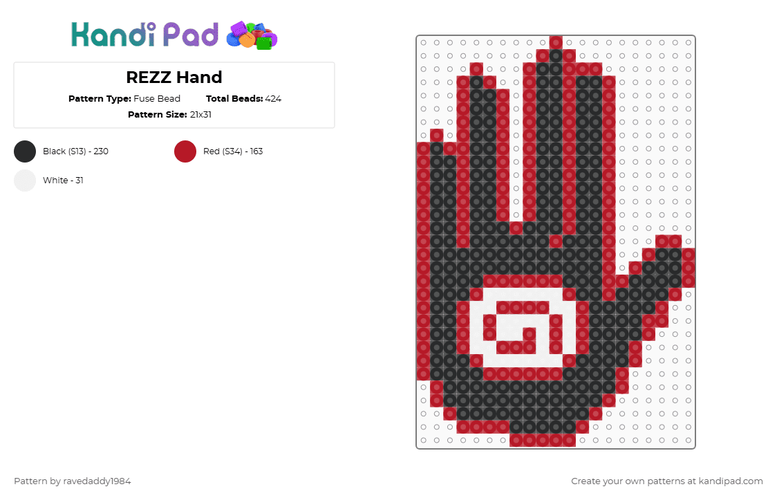REZZ Hand - Fuse Bead Pattern by ravedaddy1984 on Kandi Pad - rezz,hand,spiral,dj,music,edm,red