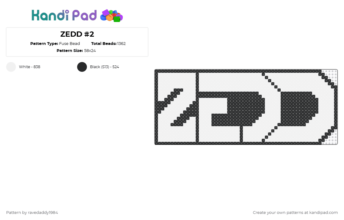 ZEDD #2 - Fuse Bead Pattern by ravedaddy1984 on Kandi Pad - zedd,logo,dj,edm,music,artist,electronic,dance,black,white