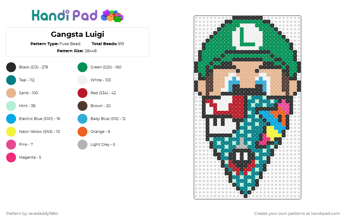 Gangsta Luigi - Fuse Bead Pattern by ravedaddy1984 on Kandi Pad - luigi,nintendo,head,character,bandana,mask,rave,mario,video game,gangster,gaming,green,beige,light blue,teal