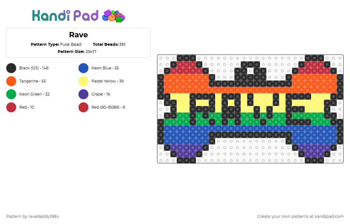Rave - Fuse Bead Pattern by ravedaddy1984 on Kandi Pad - yellow,blue,orange