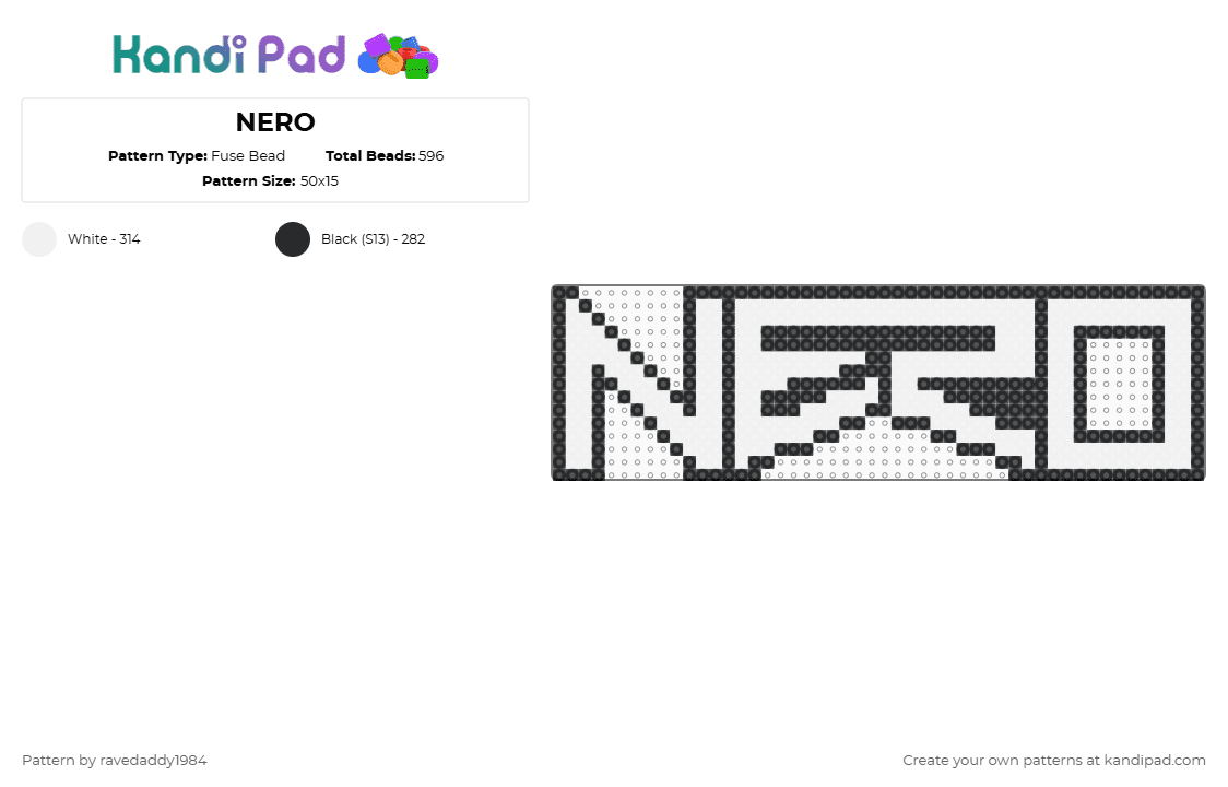 NERO - Fuse Bead Pattern by ravedaddy1984 on Kandi Pad - nero,logo,dj,music,white,black