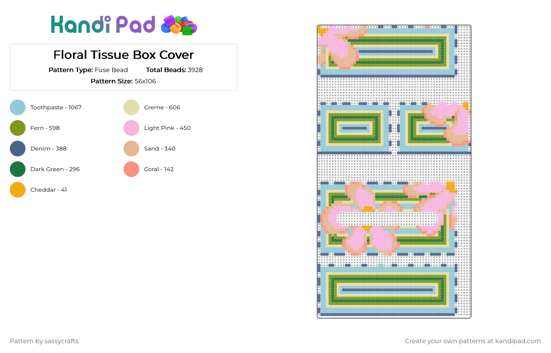 Floral Tissue Box Cover - Fuse Bead Pattern by sassycrafts on Kandi Pad - pink,light blue,yellow,gold