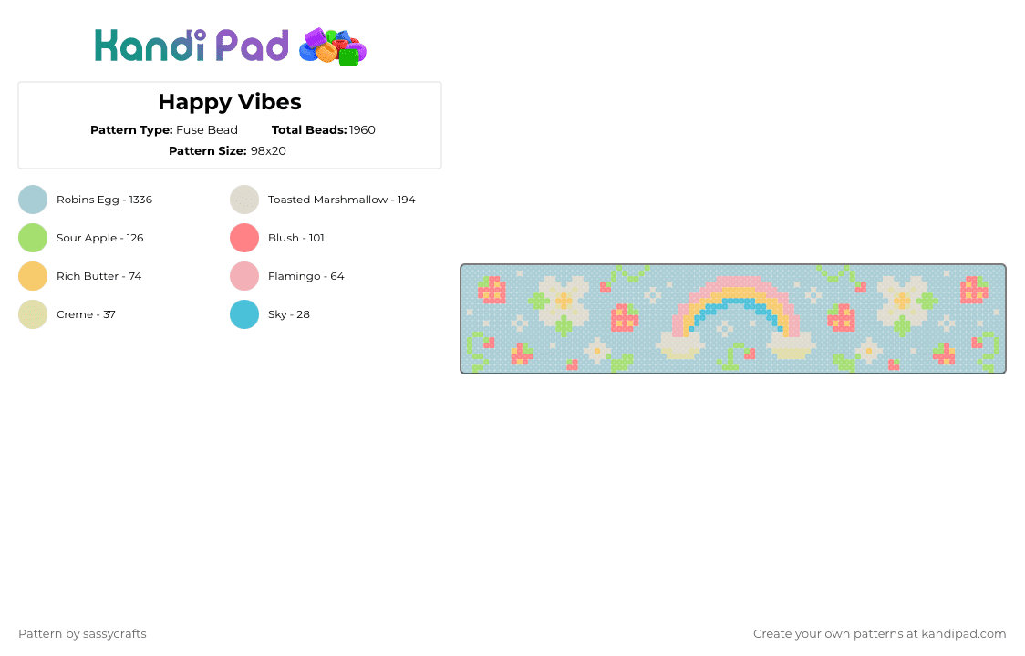 Happy Vibes - Fuse Bead Pattern by sassycrafts on Kandi Pad - light blue,rainbow,flowers,strawberry,cute,happy