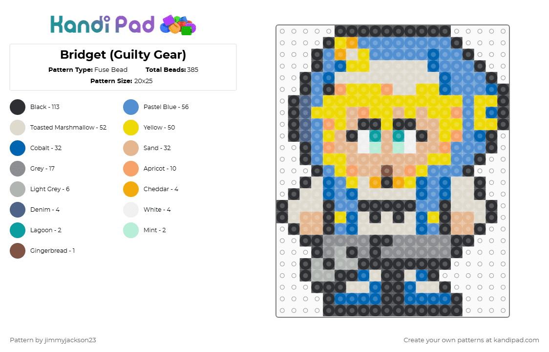Bridget (Guilty Gear) - Fuse Bead Pattern by jimmyjackson23 on Kandi Pad - yellow,light blue,beige,blue,bridget,guiltygear