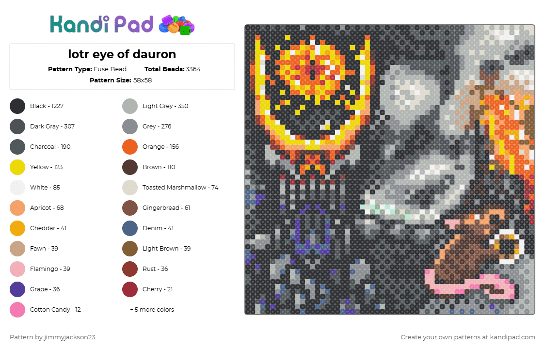 lotr eye of dauron - Fuse Bead Pattern by jimmyjackson23 on Kandi Pad - eye of sauron,lotr,lord of the rings,panel,pixel art,fantasy,movie,tv show,novel,gray,pink,beige,orange