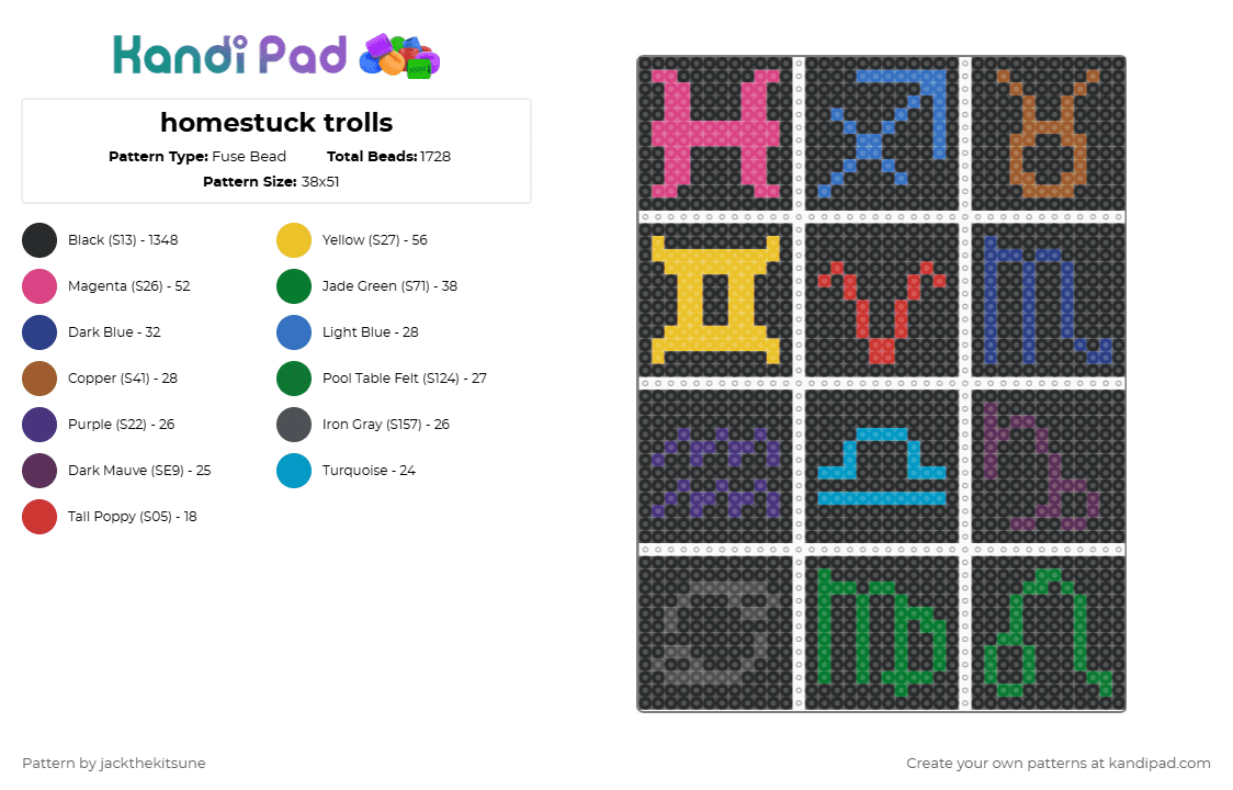 homestuck trolls - Fuse Bead Pattern by jackthekitsune on Kandi Pad - black,pink,yellow,green,colorful