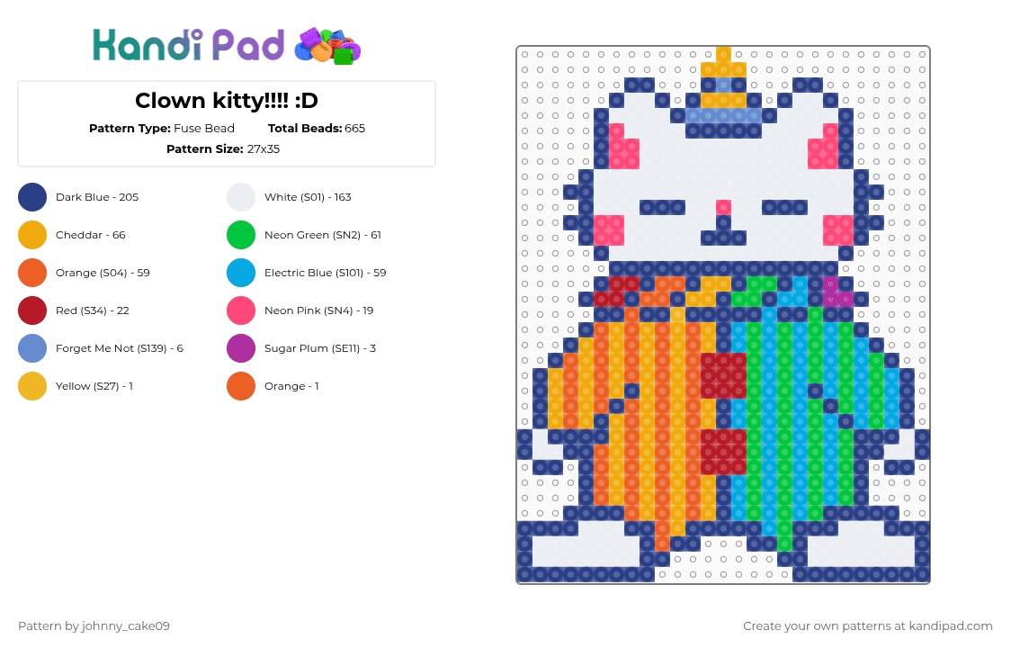 Clown kitty!!!! :D - Fuse Bead Pattern by deleted_user_636862 on Kandi Pad - blue,orange