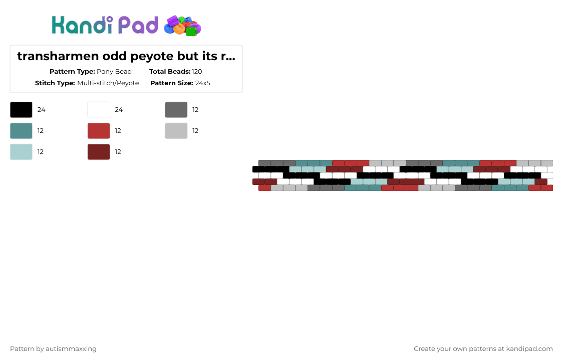 transharmen odd peyote but its revised to actually fit me - Pony Bead Pattern by autismmaxxing on Kandi Pad - teal,beige,brown,colorful,grey gray,transharmed n transharmful,transharmen and transhaten,transid pride cuff odd peyote