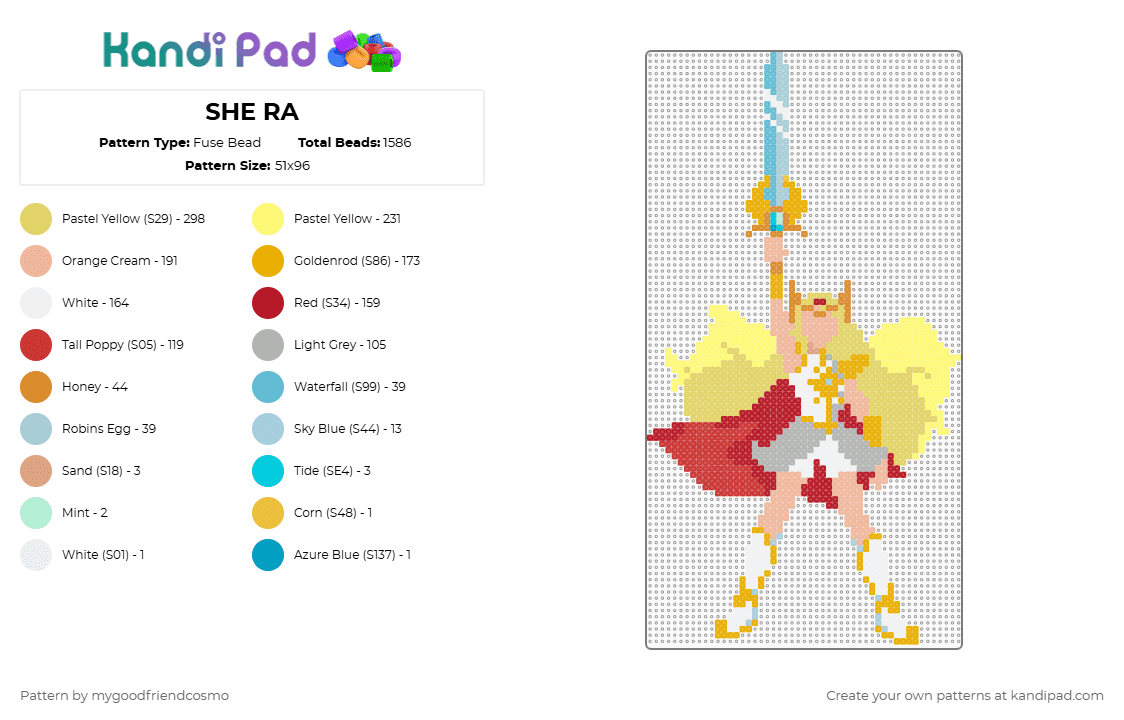 SHE RA - Fuse Bead Pattern by mygoodfriendcosmo on Kandi Pad - she ra,superhero,cartoon,animation,tv show,character,warrior,princess,yellow,beige,red