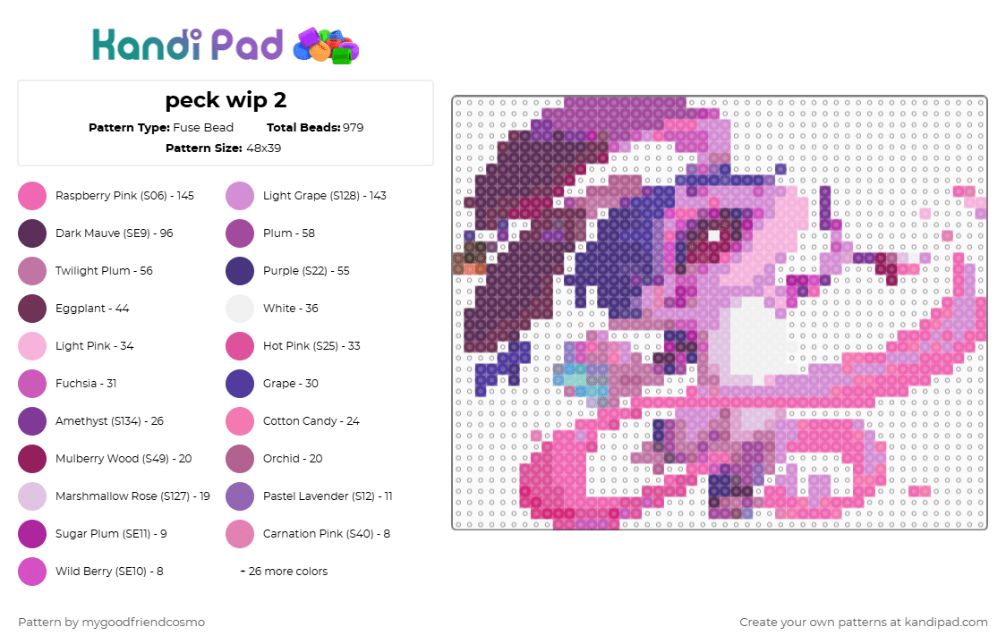 peck wip 2 - Fuse Bead Pattern by mygoodfriendcosmo on Kandi Pad - pink,purple