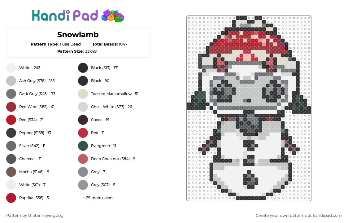 Snowlamb - Fuse Bead Pattern by thatannoyingdog on Kandi Pad - beige,gray,red