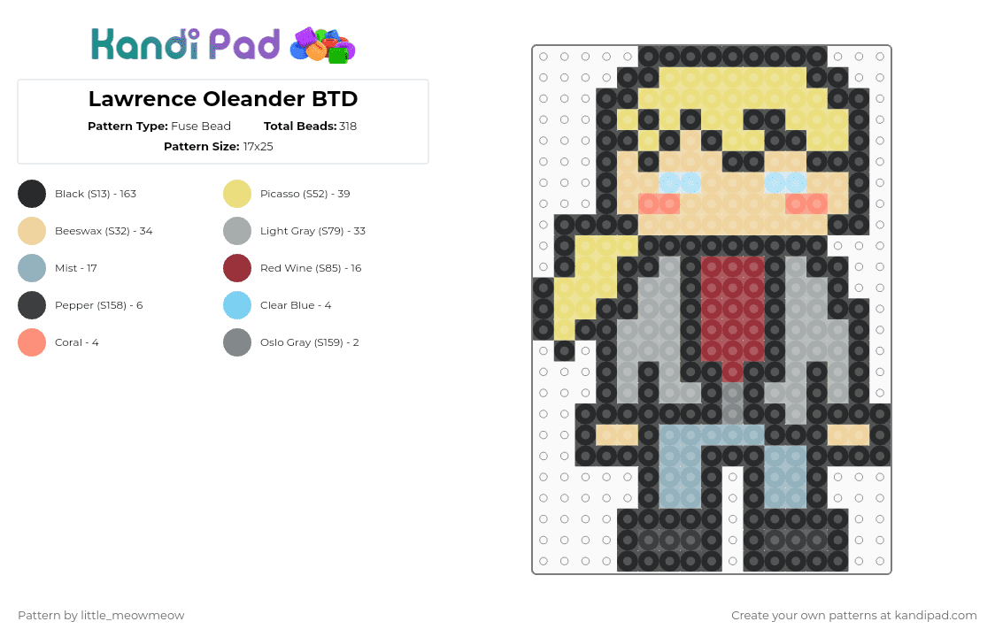 Lawrence Oleander BTD - Fuse Bead Pattern by little_meowmeow on Kandi Pad - black,yellow,beige,gray