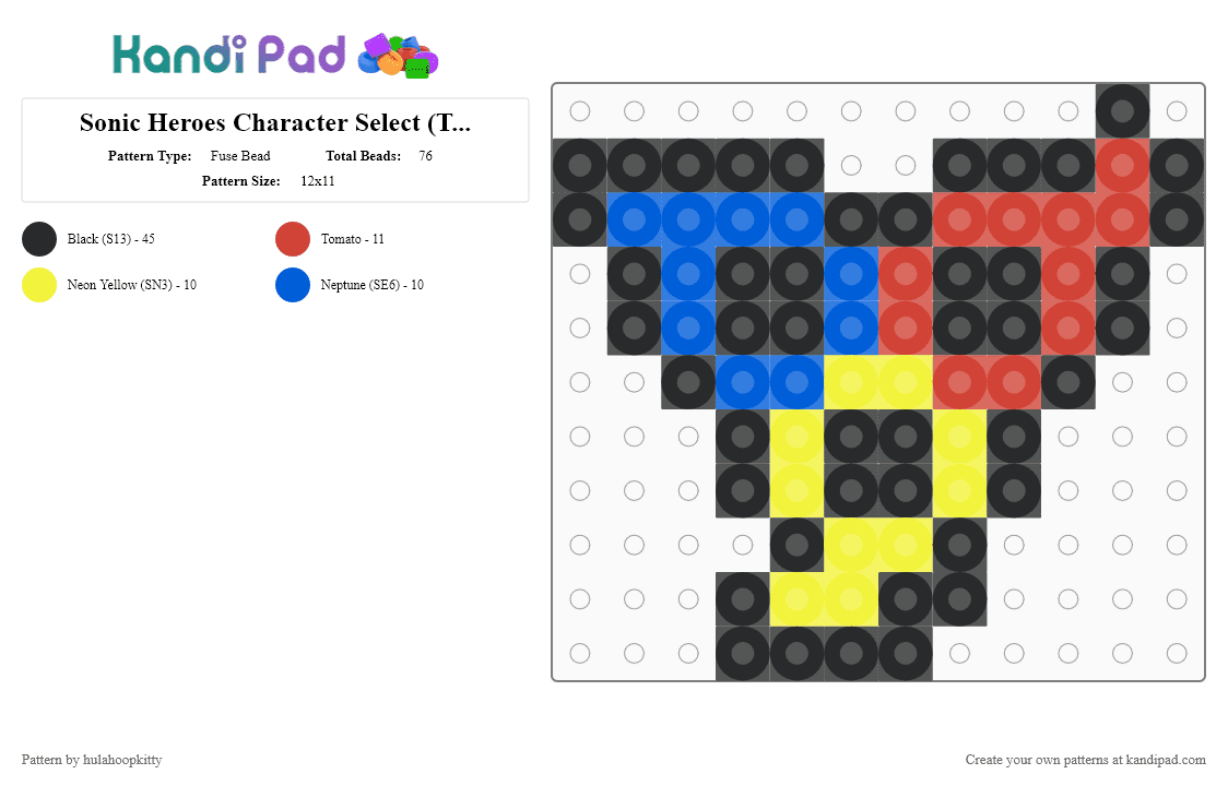 Sonic Heroes Character Select (TINY) - Fuse Bead Pattern by hulahoopkitty on Kandi Pad - black,yellow,blue,red,sonic,sonic heroes,videogame,logo,tails,knuckles,sonic the hedgehog